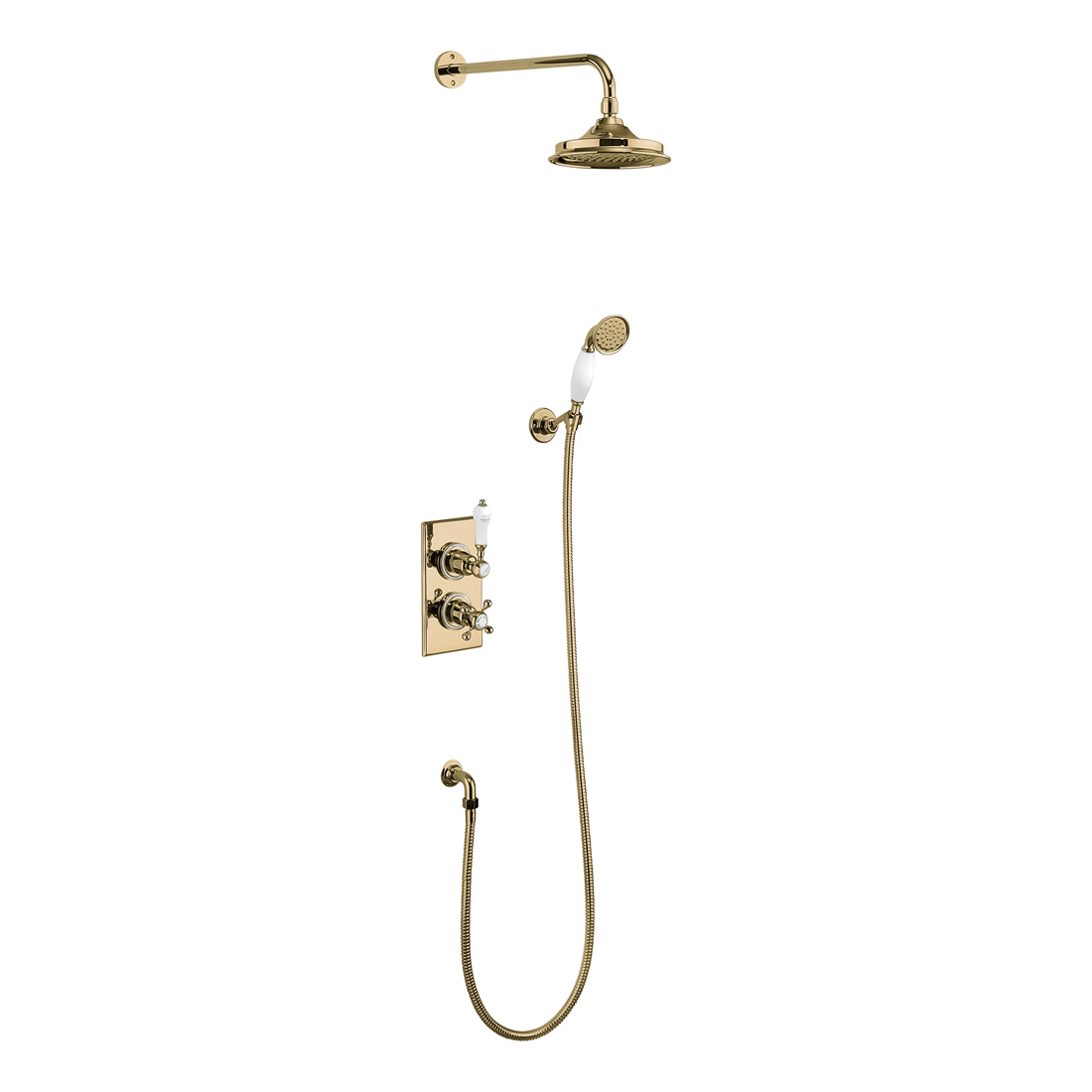Trent Thermostatic Two Outlet Concealed Divertor  Shower Valve , Fixed Shower Arm, Handset & Holder with Hose with 9 inch rose  - GOLD